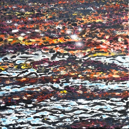 'Licht op het water 3', olieverf en pigmenten op doek, 40x40 cm.