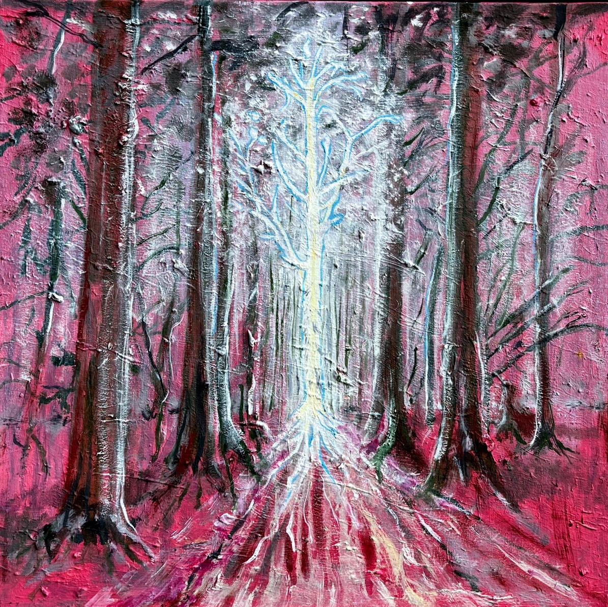 Rode bos met lichtboom, olieverf op doek, 50x50 cm.